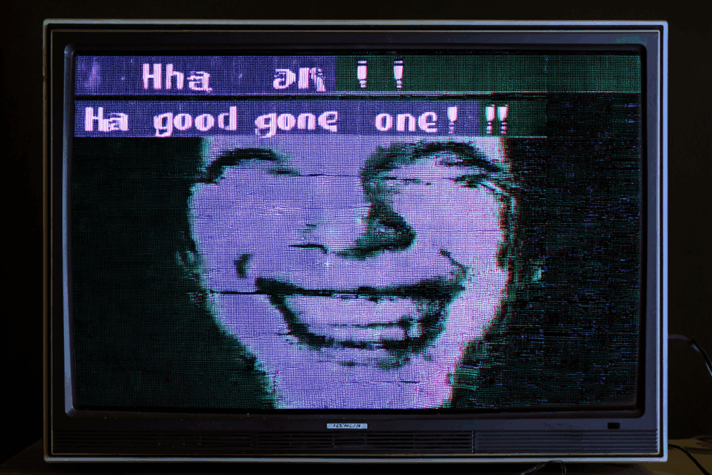 A distorted retro TV screen shows a pixelated face laughing with glitchy text above it that reads “Ha good gone one!!” in broken typography.