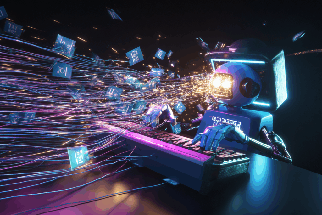 A frantic robot with glowing eyes mashes a keyboard as data sparks and wires fly everywhere—because nothing says “intelligent” like a digital meltdown at 3,000 guesses per second.