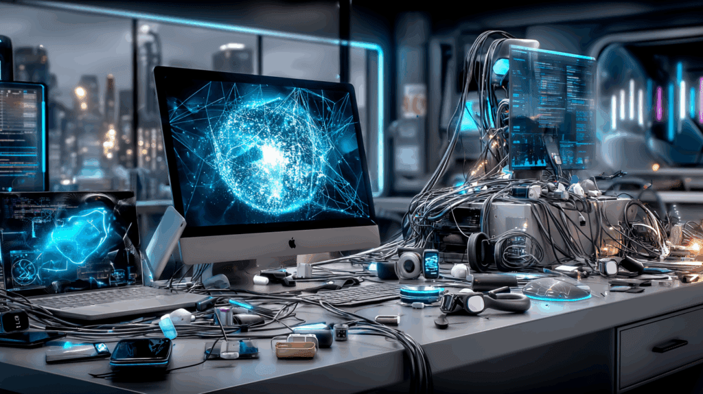 Cluttered futuristic workstation with multiple monitors, tangled wires, and glowing digital globe graphic.