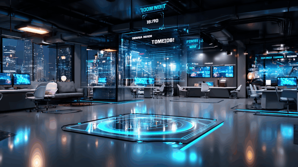 Sleek futuristic office filled with glowing blue holographic displays and modern desks.