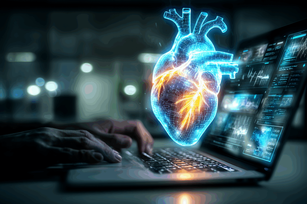 A glowing digital heart hovering above a laptop, representing synthetic empathy.
