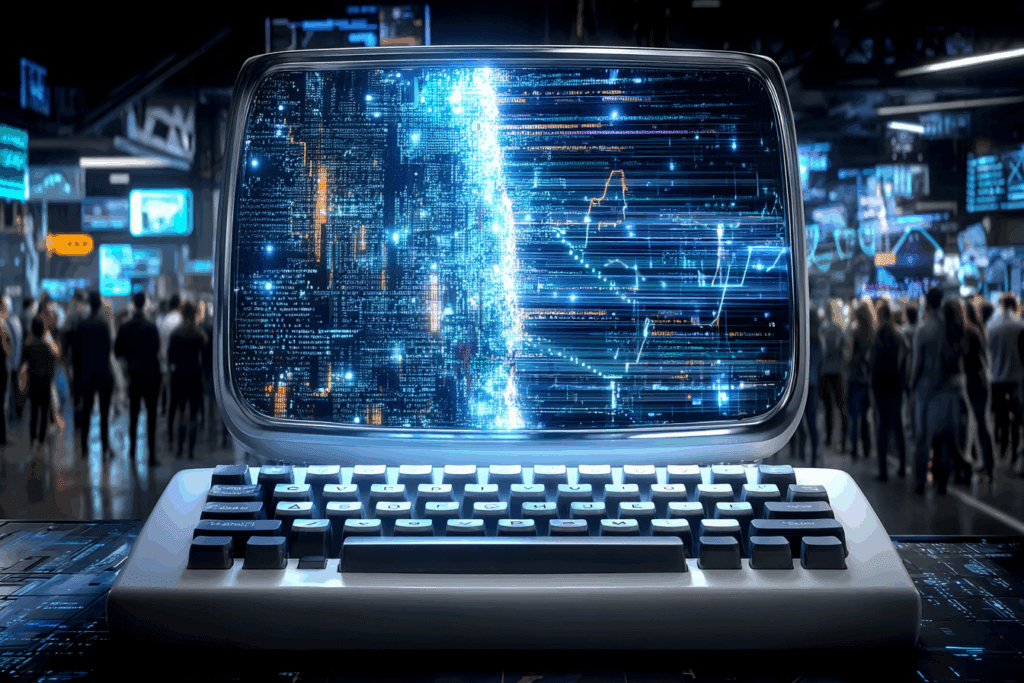 A glowing computer screen filled with digital code and abstract patterns stands before a blurred crowd, symbolizing society’s fascination with artificial intelligence.