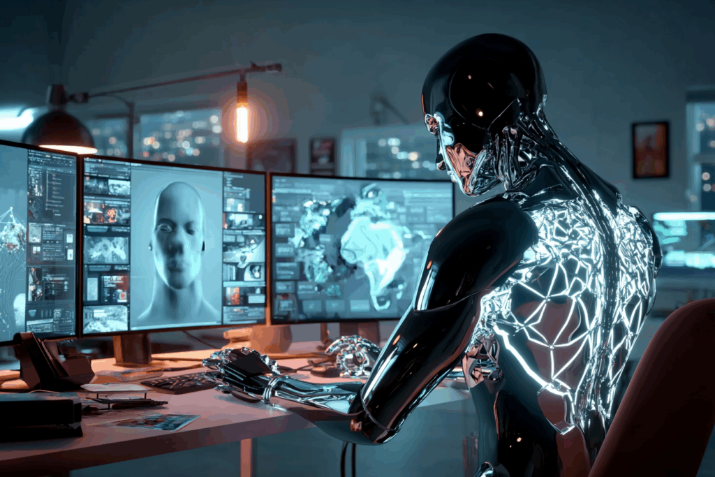 A reflective humanoid robot sits at a desk surrounded by computer monitors displaying human faces and data visualizations.