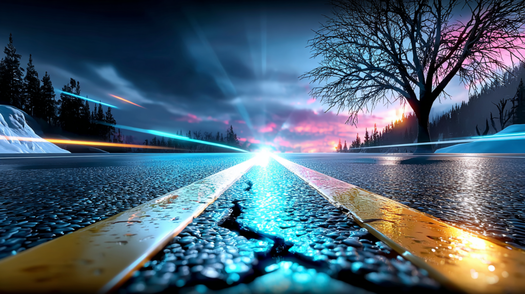 A wet road stretching forward through a winter landscape, illuminated by streaks of light, with no visible destination and a sense of motion without certainty.
