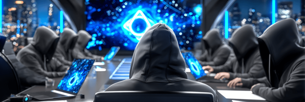 Group of hooded engineers seated around a glowing conference table studying an artificial intelligence system on large screens in a futuristic tech boardroom.