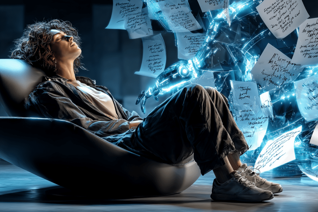 Person reclining in a chair while glowing robotic arms and floating notes appear to organize ideas around them.