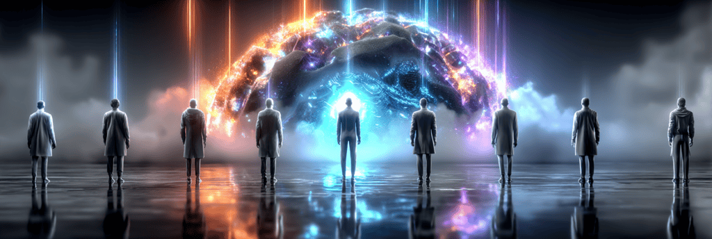 A line of silhouetted figures facing a glowing artificial intelligence core that resembles a human brain made of light and data.