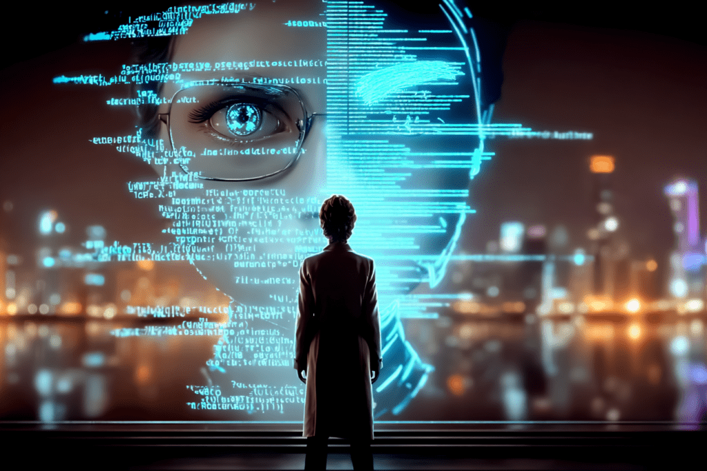 Person standing at night facing a large glowing digital face made of code and data lines.