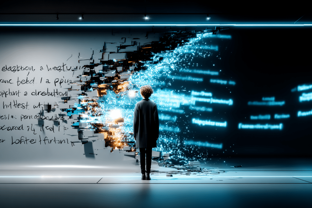 A person standing in front of a wall of handwritten text breaking apart into glowing digital fragments, symbolizing an idea collapsing when tested.