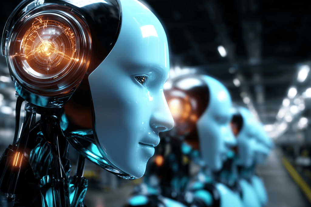 A row of humanoid robots stands on an assembly line, suggesting the human desire to manufacture increasingly human-like artificial intelligence.