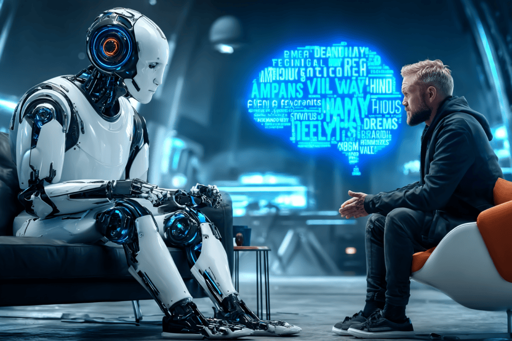 A humanoid robot sits across from a human in a counseling session, symbolizing the expectation that AI should develop human emotions and experiences.