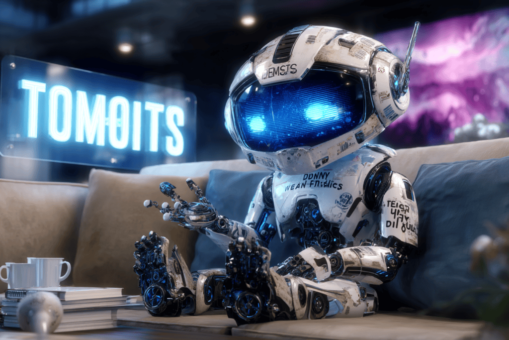 A small robot gestures while appearing frustrated, humorously representing AI responding to human expectations that it should become more human.