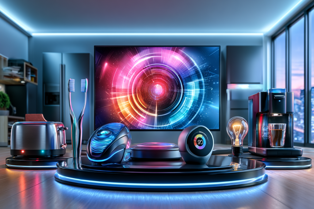 Futuristic display of everyday household devices including a toaster, toothbrushes, vacuum, thermostat, lightbulb, coffee machine, and refrigerator presented with glowing high-tech styling.