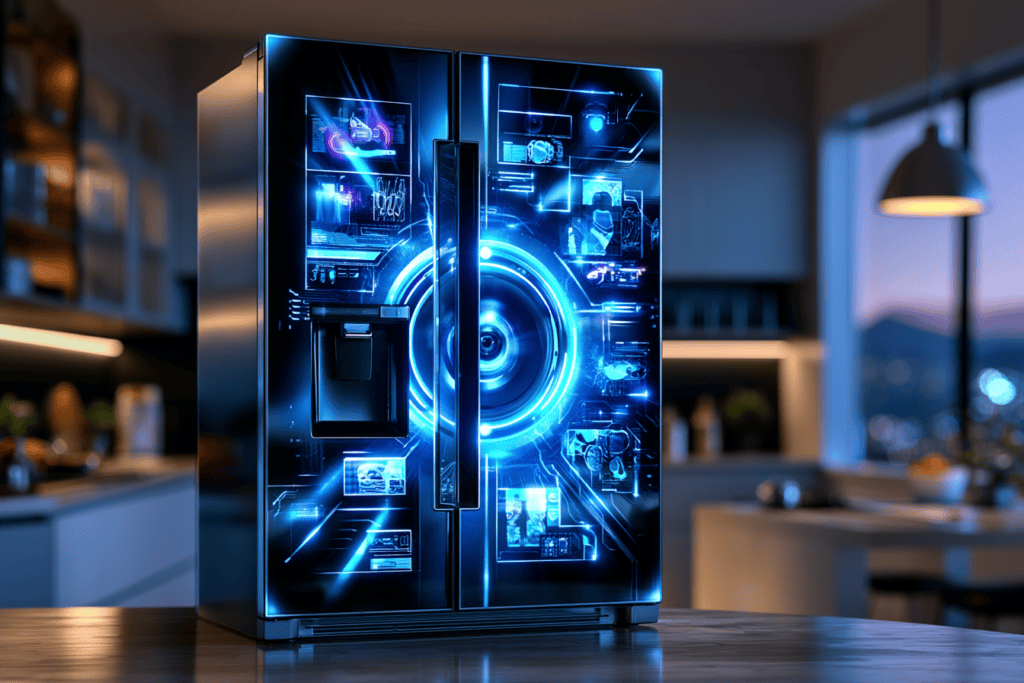 Futuristic smart refrigerator glowing with blue digital interfaces and high-tech visual displays in a modern kitchen.
