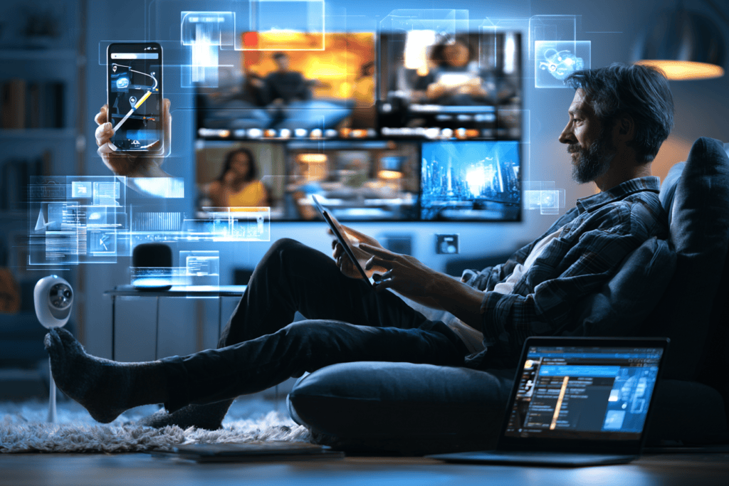Man relaxing at home while using a tablet and smartphone, surrounded by screens and digital interfaces suggesting recommendations, navigation, connected devices, and other background technology.