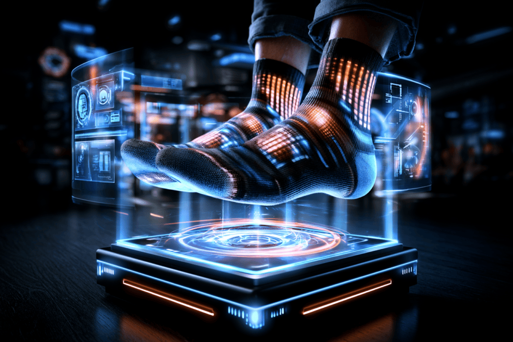 Pair of dark socks displayed on a glowing futuristic platform with holographic interfaces, presented like an advanced high-tech product.