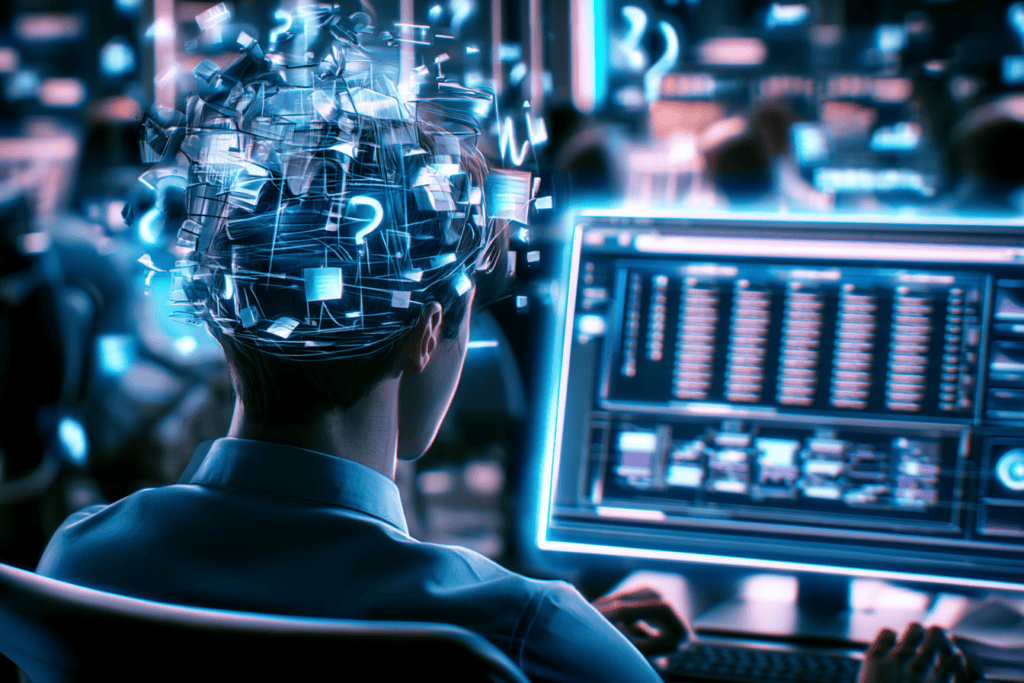 A person sits at a computer while a chaotic web of notes, question marks, and digital fragments surrounds their head, contrasting with the neatly organized information displayed on the screen.
