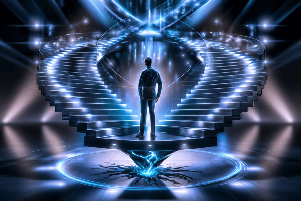 A man stands before a glowing futuristic staircase that rises in two elegant directions while the small platform beneath him is visibly cracked and unstable.