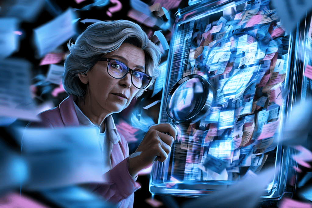 An older woman with glasses uses a magnifying glass to inspect a glowing screen covered with layered notes and fragments while papers and question marks swirl around her.