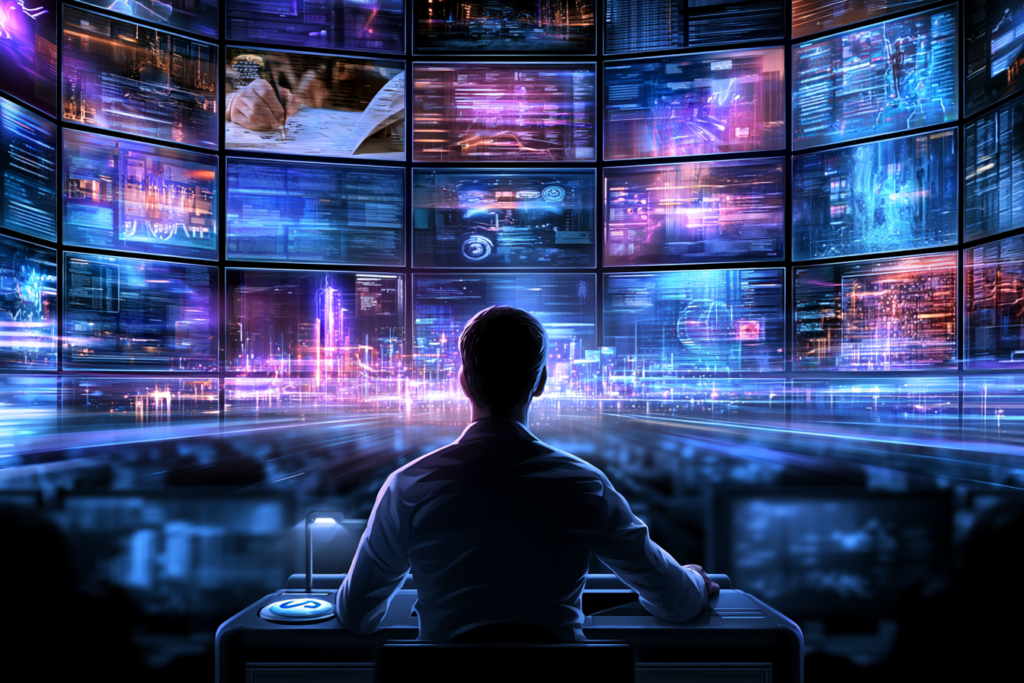 A person sits at a small control desk facing a wall of large glowing screens filled with data, writing, images, and automated activity.