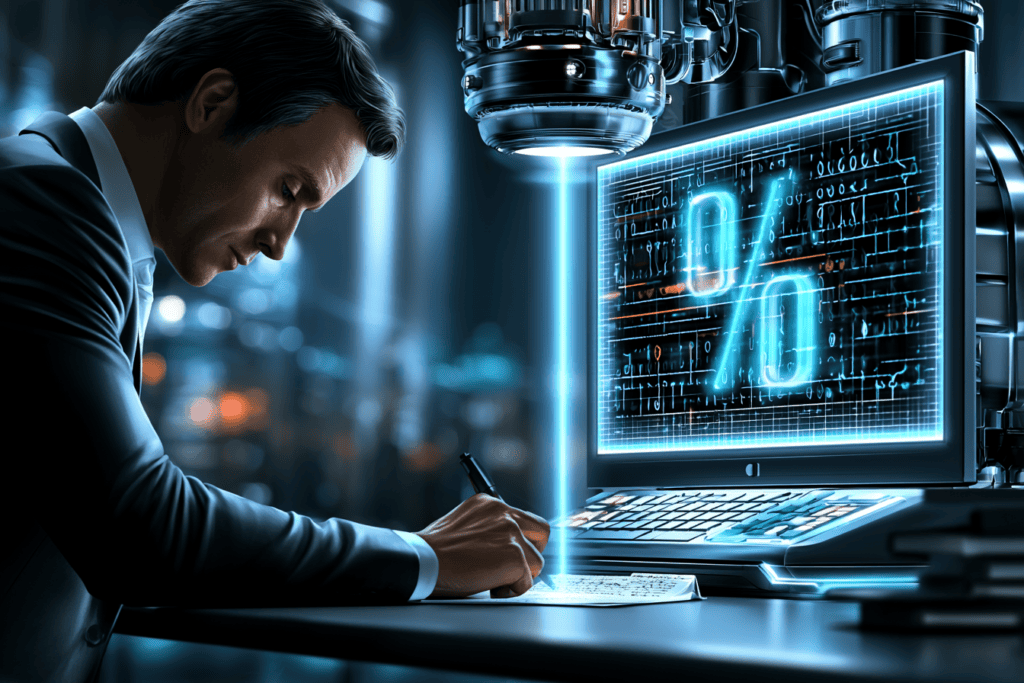 A man writes by hand at a desk while a futuristic machine scans his work and displays a glowing percentage-style analysis on a screen.