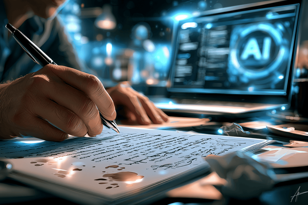 Close-up of a person writing on a messy handwritten page beside a laptop displaying an AI interface, with crumpled paper scattered across the desk.