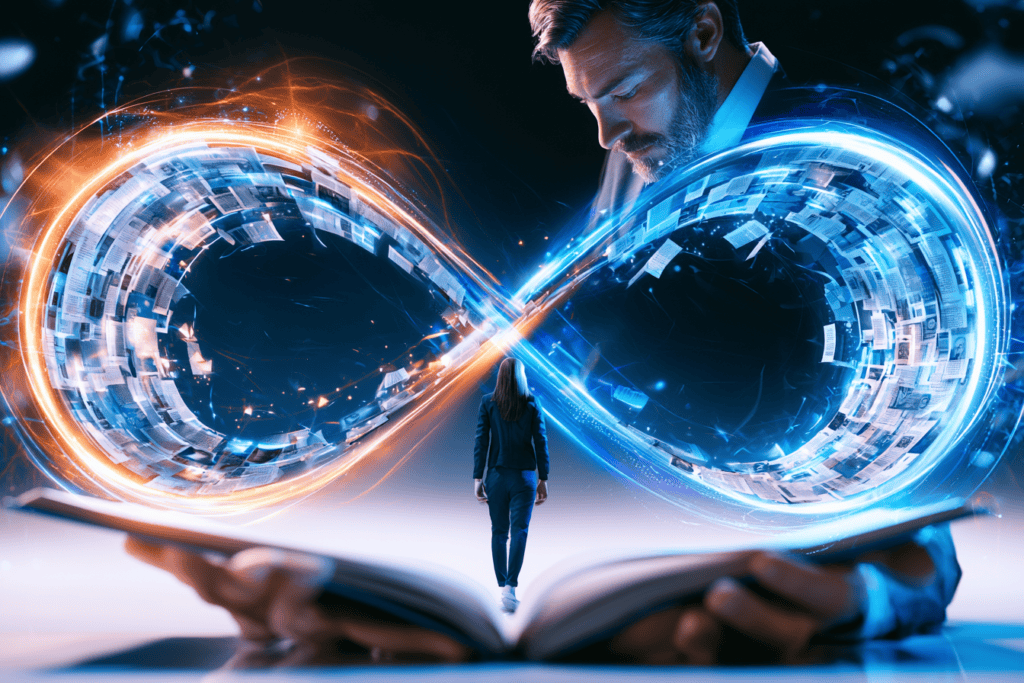A human figure stands before a glowing infinity-shaped loop of pages and digital information, symbolizing language continuously passing between humans and AI.