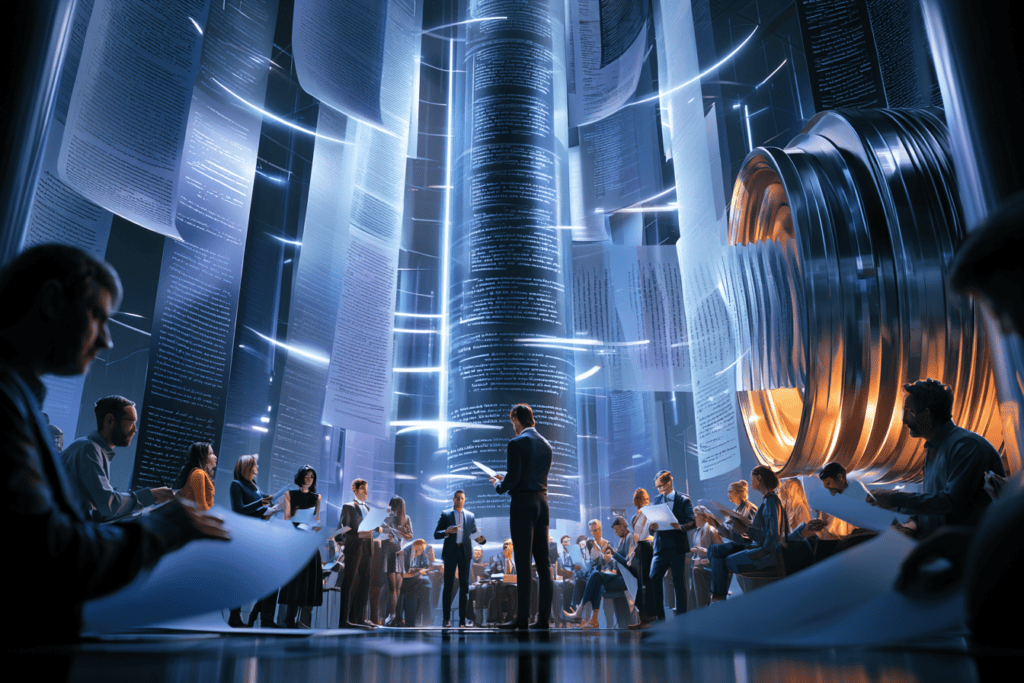 A group of writers holds different pages inside a vast futuristic space where documents surround a large machine, suggesting writing being processed and standardized.