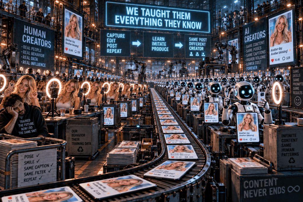 Humans and smiling AI robots work side by side in a vast content factory, producing nearly identical social media posts on conveyor belts to illustrate how AI learns repetitive online behavior from people.