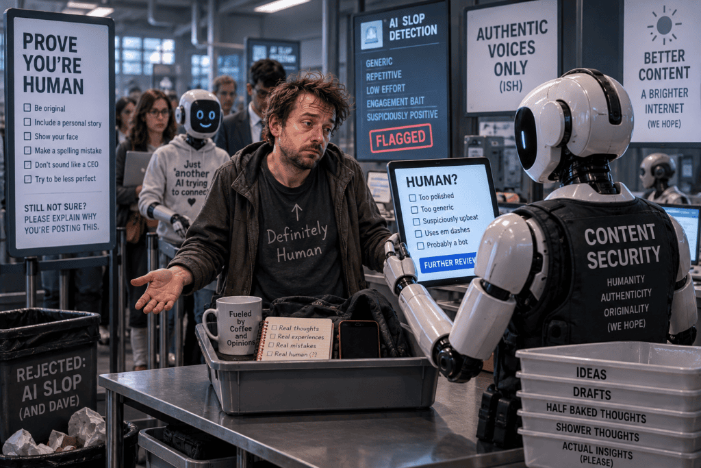 A tired man at a futuristic content-security checkpoint is questioned by a robot while signs instruct people to prove they are human by being original, imperfect, and less polished.