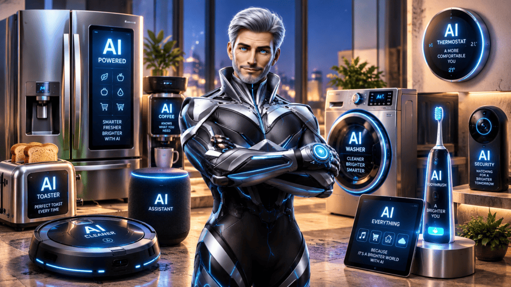 Sven, a silver-haired AI character, stands with arms crossed in a futuristic kitchen surrounded by appliances and devices prominently labeled as AI-powered.