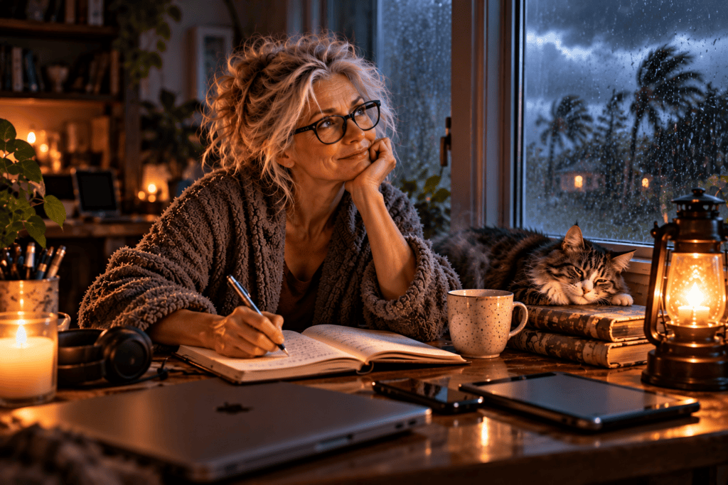 A woman with glasses writes in a notebook beside a rain-streaked window during a power outage. A cat rests nearby, a lantern glows on the desk, and several unused digital devices sit in the shadows.A woman with glasses writes in a notebook beside a rain-streaked window during a power outage. A cat rests nearby, a lantern glows on the desk, and several unused digital devices sit in the shadows.